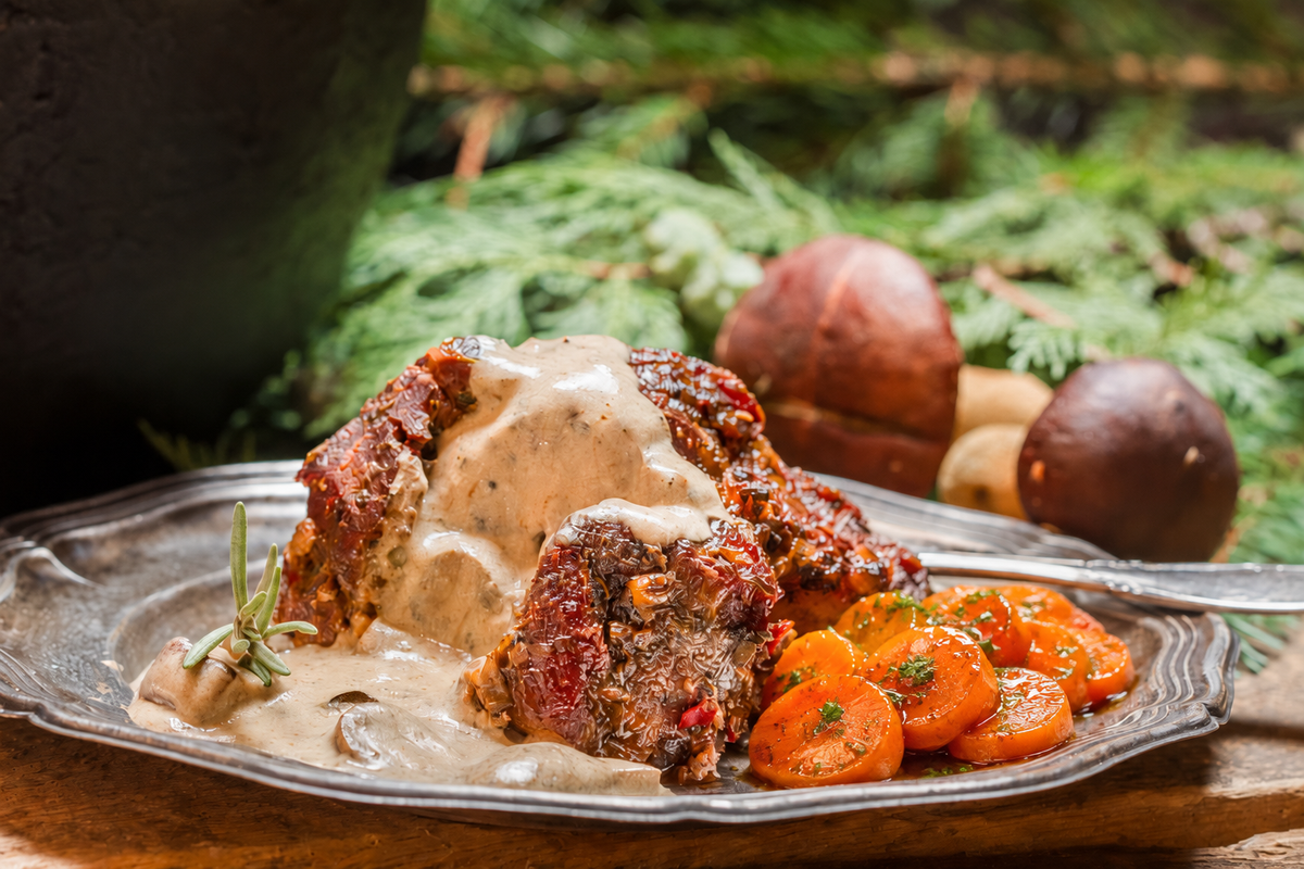 Hubi's Klassiker: Hasenrücken in Senf-Sahnesauce mit Wurzelgemüse